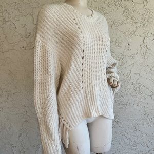 JOIE Sweater Ivory Chunky Knit Long Sleeve Fringe Hem Oversized Slouchy Top L
